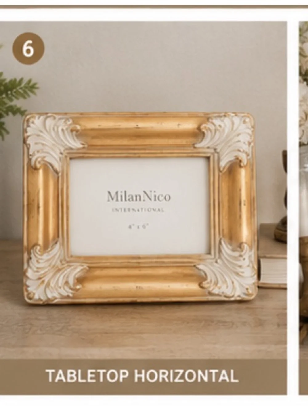 MilanNico International Gold Ornate Frame Distressed Ivory Baroque Rococo 4x6